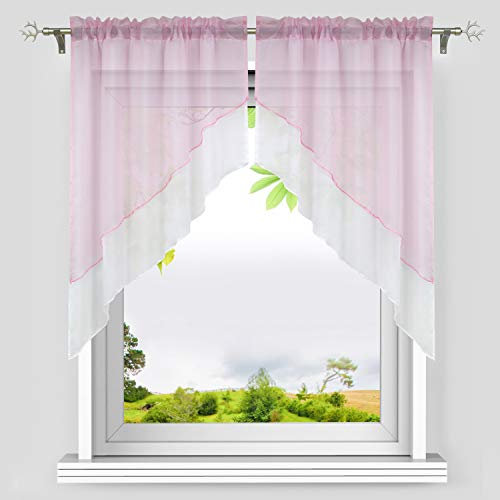 HeichkelL Voile Scheibengardine Bogen Set 2-Teilige Kleinfenster Vorhang Tunnelzug Kurzstores Doppelschichtige Küchengardinen Pink BxH 120x125 cm (Jedes Stück)