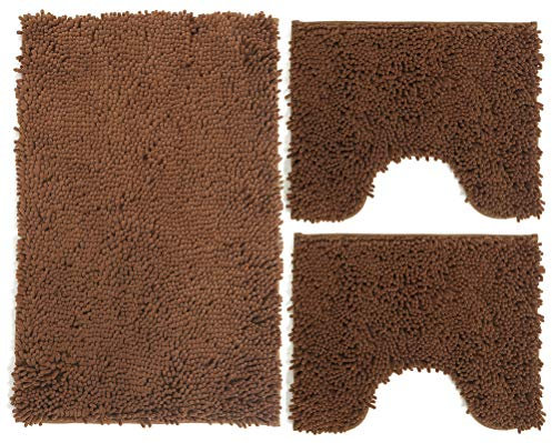 Set Tappeti Bagno 3 Pezzi in Microfibra, Tappeto Pelo Lungo 50x80 cm, 2 Tappetini per WC e Water Forma Rettangolare 40X50 cm, Morbido, Antiscivolo, Marrone