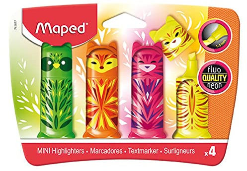 Maped - 4 surligneurs Fluo’Peps MINI CUTE - Petits Surligneurs de Poche Originaux en forme d'Animaux - 4 coloris : vert, orange, rose et jaune