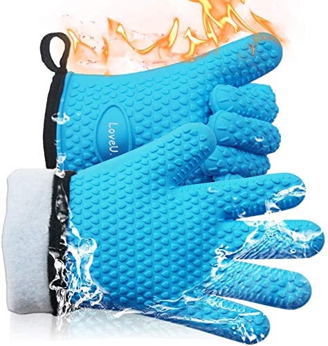 Loveuing Grillhandschuhe – Doppelschicht Backhandschuhe aus Silikon und Baumwolle - Hitzebeständige Handschuhe/Ofenhandschuhe/Kochhandschuhe/Flexible Küchenhandschuhe - Perfekt zum BBQ Backen