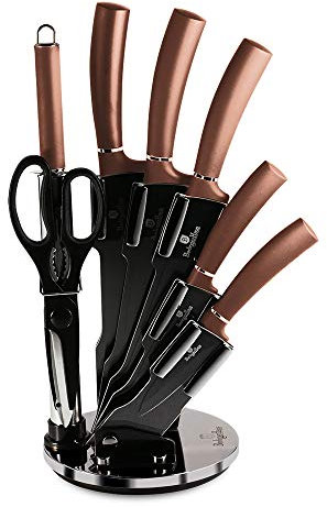 BerlingerHaus Haus Rose Gold Professionelles Küchenmesser-Set 8-Teilig, Edelstahl, Antihaftbeschichtung, Acrylhalter, Kochmesser, Zwiebelmesser, Santoku-Messer, Wetzstahl, Schere, Metallic-Design, BH-2561, Roségold
