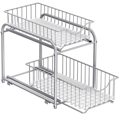 SONGMICS 2-Tier Pull Out Cabinet Organizers, Under Sink Organizer, Bathroom Organizer and Storage, Sliding Basket Drawers, Stackable for Kitchen, Bathroom, Metallic Silver UKCS017E01