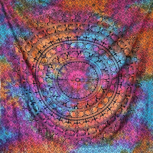 MOMOMUS Mandala Wandteppich Hippie, Boho oder Psychedelic XXL - Tie-Dye, 100% Baumwolle, Einzigartige Muster - Mehrfarbig, 210X230 cm