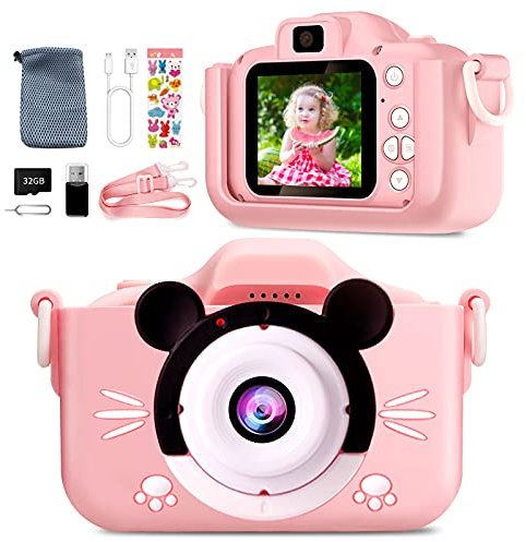Appareil Photo Enfant-Mini Caméra Numérique Rechargeable Caméscope Photo Vidéo Cadeau pour Filles et Garçons de 3 à 12 Ans,avec 32G Carte/1080P HD/Coque en Silicone Résistant aux Chocs(Rose)