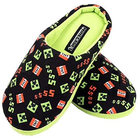 Minecraft Slippers for Boys Slip on Mules Creeper & TNT Box Comfortable Gaming Slippers Closed Toe Warm Size UK1 / EUR 33, Age 8