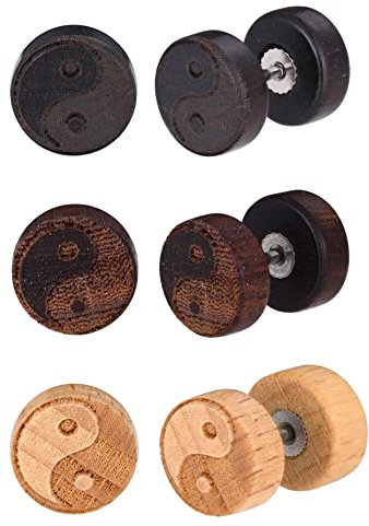 Feilok 3 Paare Edelstahl Männer Ohrstecker für Herren Damen Unisex Ohrstecker Set Tai-Chi Hoop Ohrringe Huggie Piercing Ohr Holz Ohrring Piercing Huggie Fake Plug 10mm