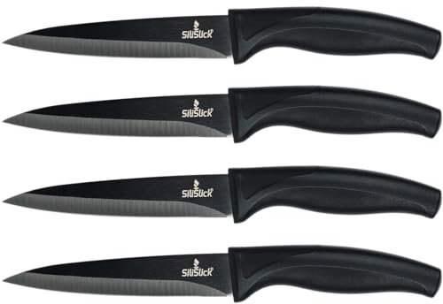 SiliSlick Ensemble de Couteaux à Steak - Couteaux en acier inoxydable avec revêtement en titane irisé/arc-en-ciel - 5 Pouces / 12,7 cm - (4 Poignée Noire, Lame Noire)