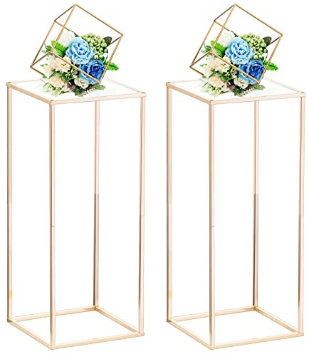 Nuptio Vaso D'oro per Centrotavola Nozze con Pannello Acrilico - 2 Pezzi Vasi Fiori Metallo Alti 60cm Fiori Stand per Tavola Feste Centrotavola Matrimoni Decorazione Espositore Colonna Geometrica