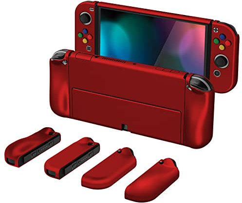 PlayVital Cover Custodia per Nintendo Switch OLED,AlterGrips Cover Ergonomica Intercambiabile per Joycon,Case Protettiva Rigida per Switch OLED&Copri Analogici&Copri Tasti-Rosso