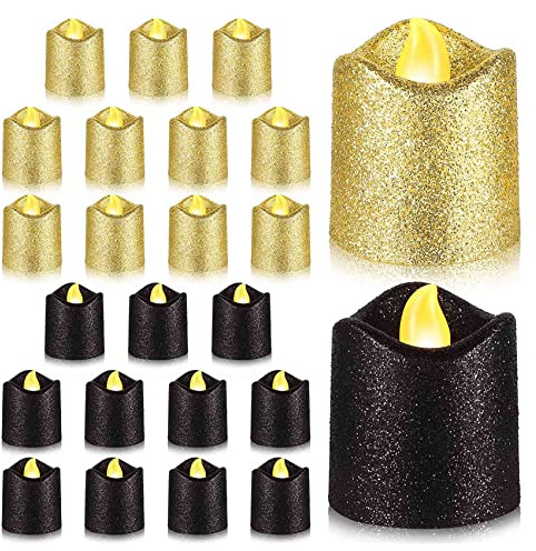 Benefischl 24 Paquets de Bougies Votives DoréEs à Paillettes Noires LED Bougies Chauffe-Plat à Piles Support de LumièRe Jaune Chaud