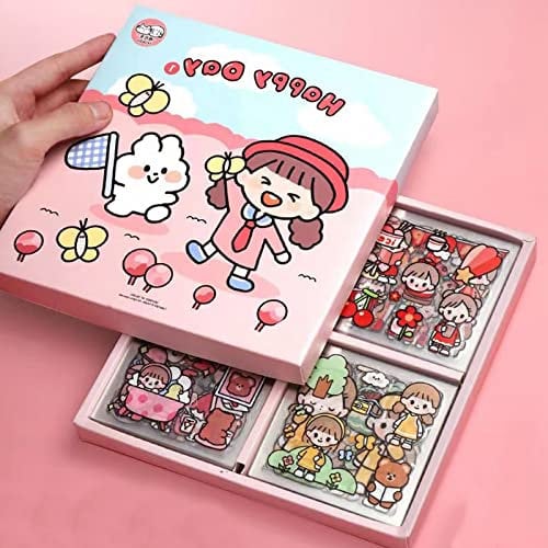 Kawaii Sticker, 100 Blätter Cartoon Cute Niedliche Aufkleber, Aesthetic Scrapbook Niedliches Cartoon Mädchen Stickers Set, Creme Häschen PET Transparent Aufkleber für DIY Sammelalbum Album