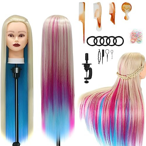 Trainingsköpfe, 28 inch Frisierkopf für Frisöre 100% Synthetikfaser-Haar Übungskopf,mit DIY Stricken Kit und kostenlose Tabelle Clips (Regenbogen)