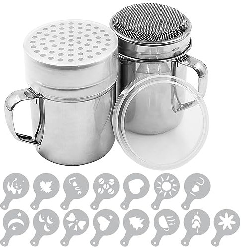 Powdered Sugar Shaker Duster with Handle, SENHAI 2pcs Stainless Steel Powder Shakers for Sugar Pepper Cinnamon Powder Flour with Printing Molds Stencils - Fine & Large Mesh