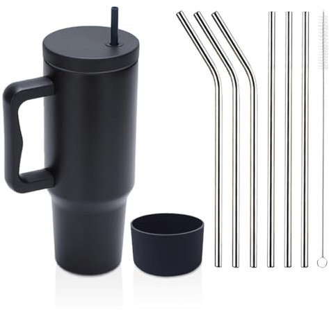 Moollyfox Anti-Fuite 1200 ML Tasse Isotherme Acier Inoxydable avec Poignée Tasse à Café Voiture 40 oz Scellé Tasse de Voyage avec Paille en Acier Inoxydable et Couvercle en Silicone Noir