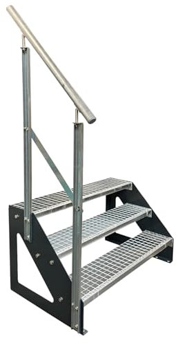 Kaminbau Mierzwa Premium Stahl Treppe Freistehend mit verzinktem Geländer Links/Wangen Anthrazit RAL 7016/3 Stufen verzinkt (Breite 1000 mm) (Höhe 57 cm) Gitterroststufe Gartentreppe