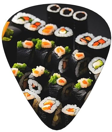 Ukulele-Plektren, Gitarrenspieler, Sampler, 12-teilig, für Akustik-, Bass- und E-Gitarren, japanisches Sushi, schwarzer Aufdruck