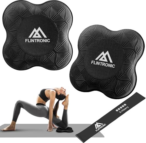 Flintronic Kniekissen Yoga, 2PC Yoga-Knie-Pad, Rutschfest Yoga Knie Padmatte, 20x20cm Knieschoner Matte Unterstützung der Knie Handgelenke und Ellenbogen, für Yoga Fitness Pilates–mit Widerstandsband