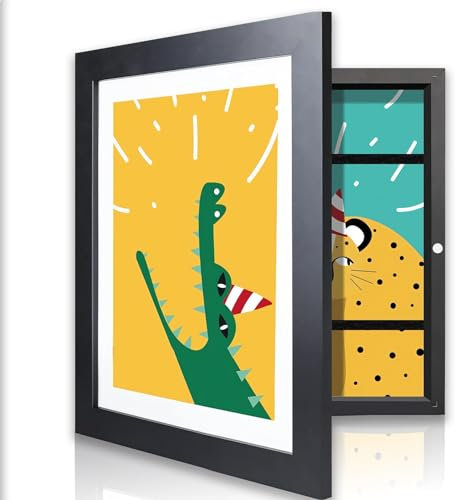 MJLOMJ A4 Bilderrahmen für Kinderzeichnungen - Aufklappbarer Kunstbilderrahmen, Frontöffnung zum leichten Wechseln, Befüllbarer Fotorahmen für Kreative Kinderkunst (Schwarz)