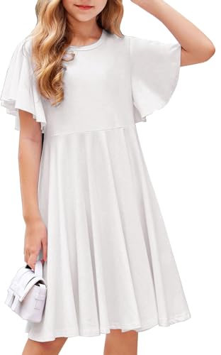 Arshiner Girls' Dresses Butterfly Sleeves Children's Cotton Dress A-Line Swing Princess Dress Wedding Party Dresses Knee-Length Back to School Children's Clothing with Pocket 150 Age 11-12 White