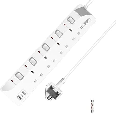 Extension Lead with USB C, Toomke 4 Gang 3 USB Plug Extension Sockets with 5 Independent Switches, Wall Mountable Power Strips, UK Power Socket Adapter, 1.5 Meters Extension Cord Cable 13A 3250W
