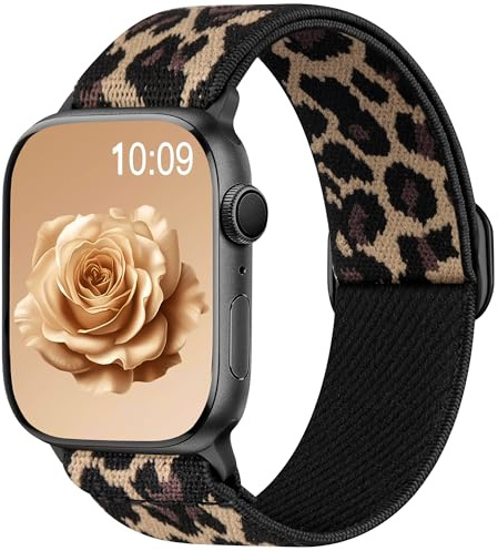 Maledan Solo Loop Nylon Strap Compatible with Apple Watch Straps 44mm 45mm 46mm 49mm 42mm Women Men - Stretchy Elastic Nylon Sport Band for iWatch Series 11 10 9 8 7 6 5 4 3 2 1 SE Ultra, Leopard