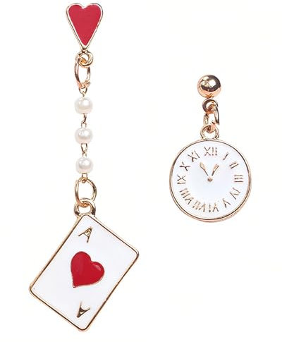 QLEUIFT 1 Paar Hypoallergene Poker-Ohrringe für Frauen-Mädchen-Glücksspiel-Casino-Schmuck-Geschenk, Asymmetrische Clock Poker Ohrringe, Herz-Ass
