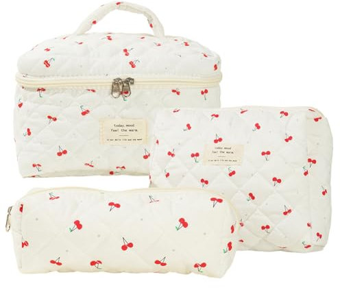 Starnearby Lot de 3 Trousse de Toilette Matelassée Femme en Coton Doux, Trousse de Maquillage Cerises, Pochette de Rangement Maquillage, Trousse de Beauté, Trousse Cosmétique Voyage