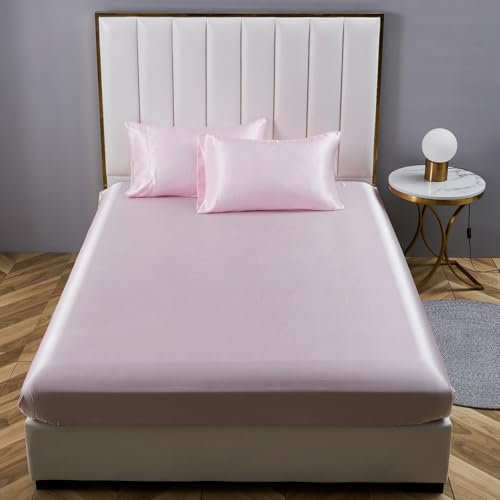 Gezu Drap Housse 200x200cm Satin Rose Microfibre Drap de Lit Respirant Soyeux Brillant Housse de Matelas Hypoallergénique sans Repassage Ourlet Élastique Solide Convient aux Matelas à Moins de 30