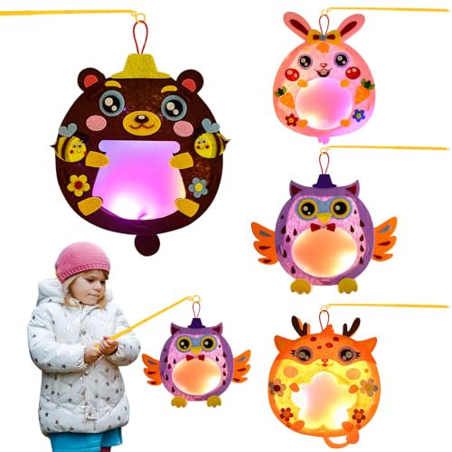 Ulikey 4 Stück Laternen Bastelset für Kinder, Laterne St Martin mit Laternenstab & Led Licht, Lampions Tier Laterne Basteln Set Kreativset für Junge Mädchen (Eule, Kaninchen, Hirsch, Bär)