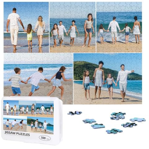 1 to 10 Photos Personalised Jigsaw Puzzle Wooden Custom Puzzles 300, 500, 1000 Pieces Customised Picture Name Text Puzzle Frames Birthday, Wedding, Graduation for Women Men, 5 Images, 500 pcs