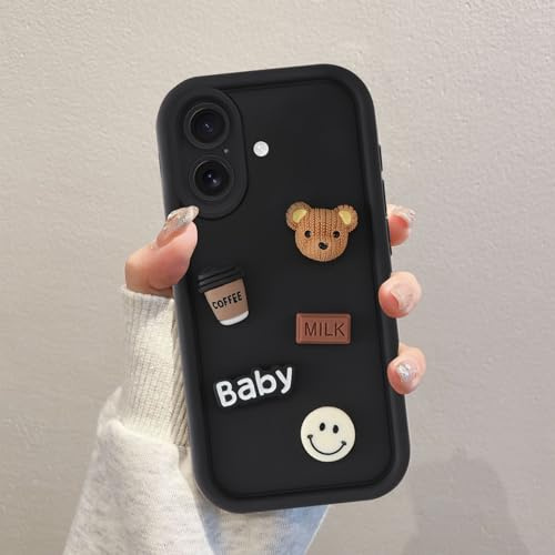 Coalbooliy Coques pour iPhone 16 6,1'', Étui Noir Souple TPU Silicone Aesthetic Ours en Peluche Modèle 3D Dessin Durable Housse de Antichoc Camera Protection Cover Cadeau Filles, 02