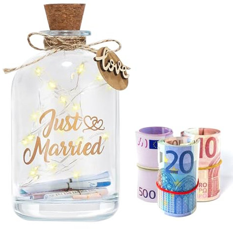 Cainor Bouteille lumineuse LED - Cadeau de mariage personnalisé - Banc cochon - Cadeau de mariage pour mariée et chambre - Fresh Lover (Just Married) - Blanc - Verre