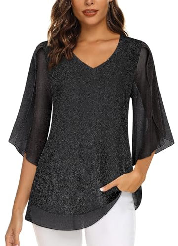 Sparkly Tops for Women Party Tops for Women 3/4 Sleeve Tops for Women UK Womens Dressy Tops Casual V Neck Tops Elegant Ladies Evening Tops Flowy Dressy Tops for Night Out Loose Solid Work Office Tops
