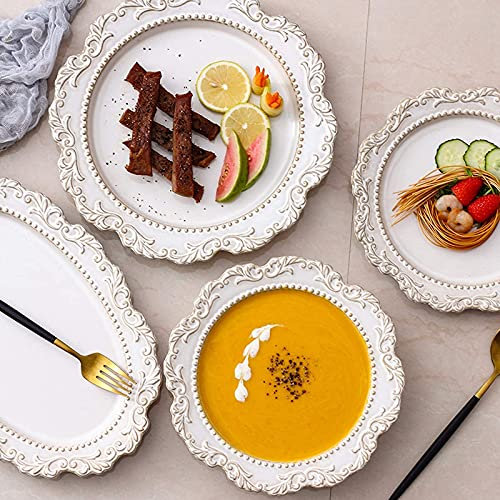 OOMRNV Elegante Set di stoviglie in Ceramica, Set di 24 Piatti da minestra, Ciotole per Cereali e Piatti da Bistecca in Porcellana Francese Vintage in Rilievo in Stile Palazzo p