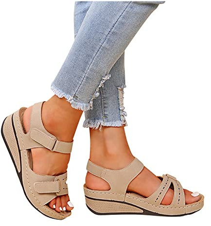 Zeiayuas - Sandales Orthopédiques Femmes Été - Confortables - Orthopédiques - Chaussures Antidérapantes Respirantes Bohême - Bout Ouvert - Talon Bloc - Beige - Taille 36 EU