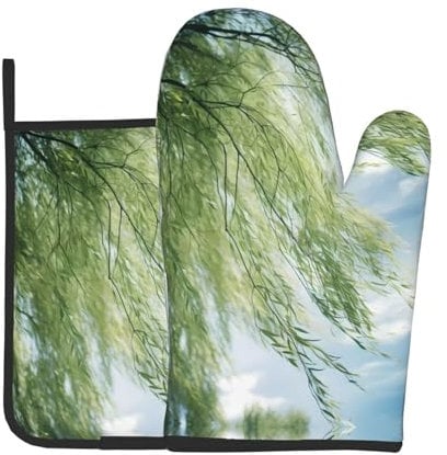 WZYWHJ Willow Wadding Printed Oven Mitts and Pot Holders Set for Cooking, Microwave, Grilling - with Lanyard Design