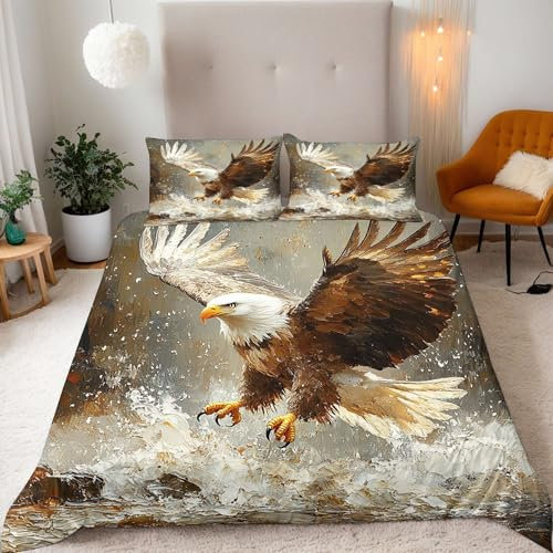 Bettwäsche 135x200 cm 3D Ölgemälde-Stil Weißkopfadler Druck Kinder Bettwäsche-Sets 3teilig Mikrofaser Bedding Bettbezug 135x200 Weich Bettbezüge + 2 Kissenbezüge 80x80 Mit Reißverschluss Eckbinder
