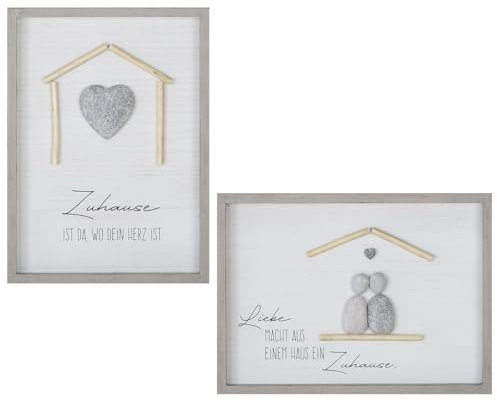 Wandbild Set Zuhause, 2er Set Steinbilder mit 3D-Herzmotiv und Sprüchen, 46x33,5 cm, Grau-Weiß