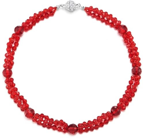 COOLSTEELANDBEYOND Rot Perlen Kristall Cluster Statement Halskette Geflochtene Kette Halsband Choker Halskette, Magnetverschluss