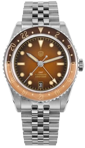 watchdives GMT Uhren Für Männer, WD6542 Männer Uhr NH34 Automatische Armbanduhr 38mm Bubble Domed Saphirglas Uhren 100M Wasserdicht