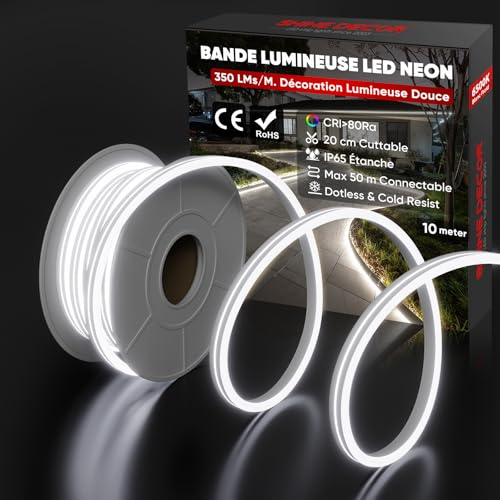 Shine Decor Neon LED Streifen 10m, AC 230V IP65 Wasserdicht LED Band, 120 leds/m Flexible LED-Neon Lichterketten für Home Decoration Küche Garten Beleuchtung (10M, Kaltes Weiß, CE Zertifiziert)