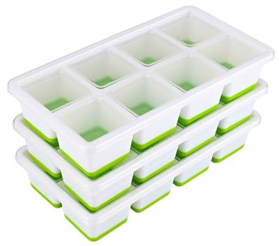 Silicone Ice Cube Tray Large, 3 Pack Large Ice Cube Moulds, Easy Release BPA-Free Ice Trays for Freezer, Silicone Ice Cube Tray with Lid for Whiskey, Cocktails, Drinks(Green)