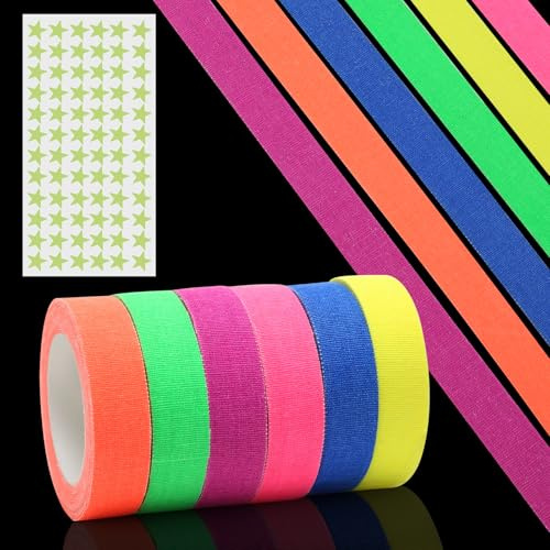TENTHPEO 6 Rouleaux Ruban Néon UV Fluorescent Gaffer (15mm x 5m), Adhésif Fort Tape Sans Traces pour Décoration Fête, Halloween, Blacklight Party & Projets Artisanat