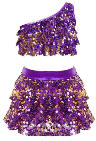 Riismen Vestito da Ballo Bambina Latino Americano Paillettes Abito da Ballo ​​Tutu Monospalla Crop Top Tango Costume Salsa Jazz Dancewear Artistico Vestito da Pattinaggio Viola 9-10 anni