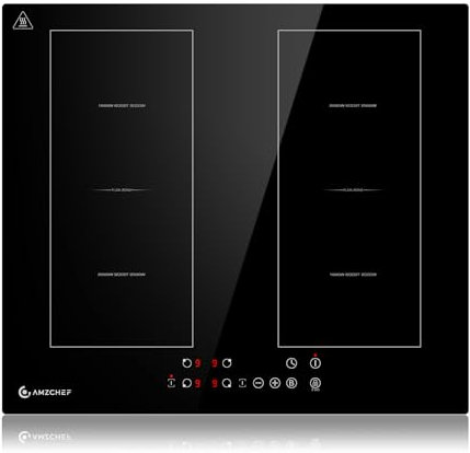 AMZCHEF Induktionskochfeld 60cm mit Zwei Flexzonen, 4 Zonen Induktionskochplatte mit Boost-Funktion und 9 Leistungsstufen, Touch-Bedienung, Timer, Sicherheitsschloss, Überhitzungsschutz, BBQ, 7200W