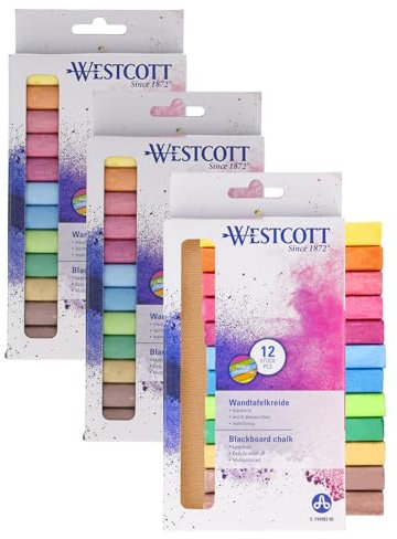 Westcott Kreide 12 Stück Bunt (3er-Set) | 3 x 12er Pack Tafelkreide mit 1,2cm ⌀ in leuchtenden Farben | staubarm & leicht abwischbar | 8,5cm lange Kreidestifte | E-744983 00