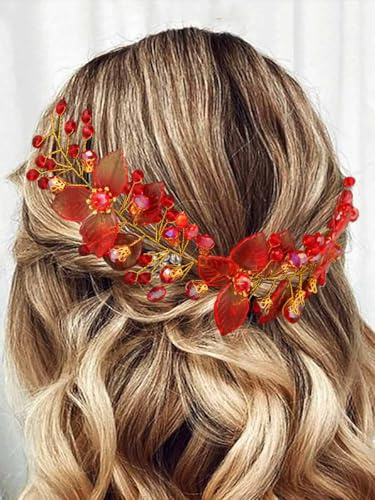 IYOU Bridal Wedding Hair Vine Red Leaf Headband Crystals Guest Bride Bridesmaid Hair Accessories for Women