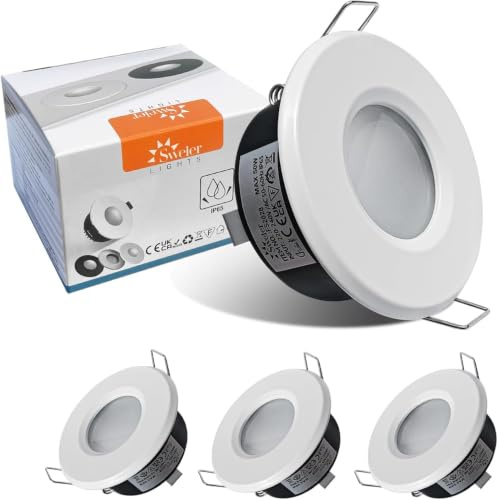 Sweier 4 Pack IP65 Waterproof Recessed Downlights GU10 - Bathroom & Kitchen Ceiling Spotlights, Die-Cast Aluminum Anti-Glare, 68mm Cut-Out, Matte White Finish Incl. GU10 lamp Holder(Bulbs Excluded)