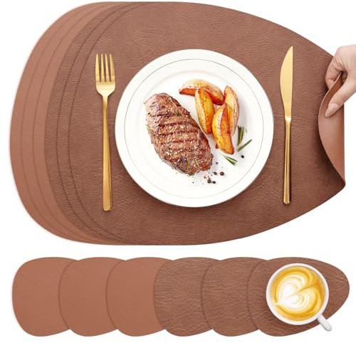 Set de Table et Dessous de Verre YIHELU, Sets de Table Ovale Lot de 6 Lavable Double Face Bicolore en Simili-Cuir, Set Table Antidérapants Faciles à Nettoyer
