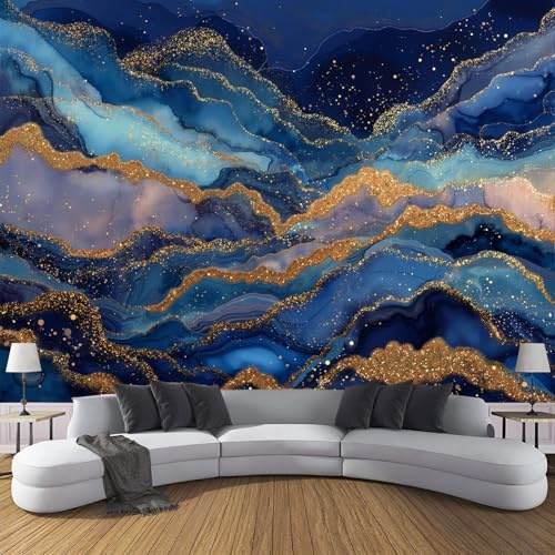 ZISTRCBAO Effect Photo Wallpaper 150x105cm, Navy Gold Marble Panoramic Wallpaper Mural, Modern Abstract Art Photo Wallpapers 3D Effect, Navy Mural Decoration for Living Room Bedroom Corridor